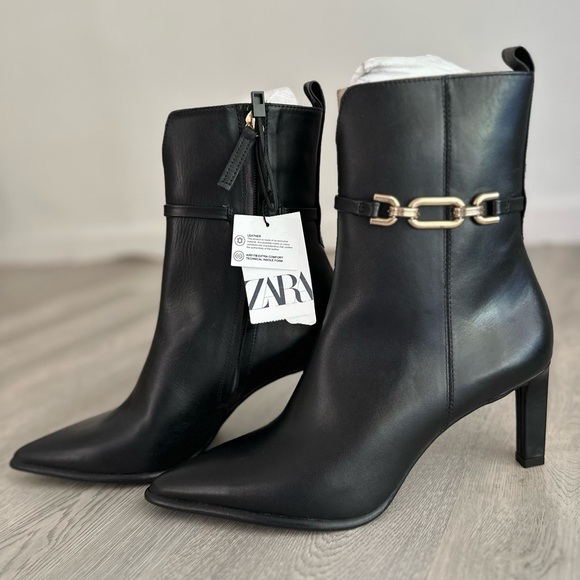 Zara Heeled Leather Ankle Boots New - Picture 1 of 10